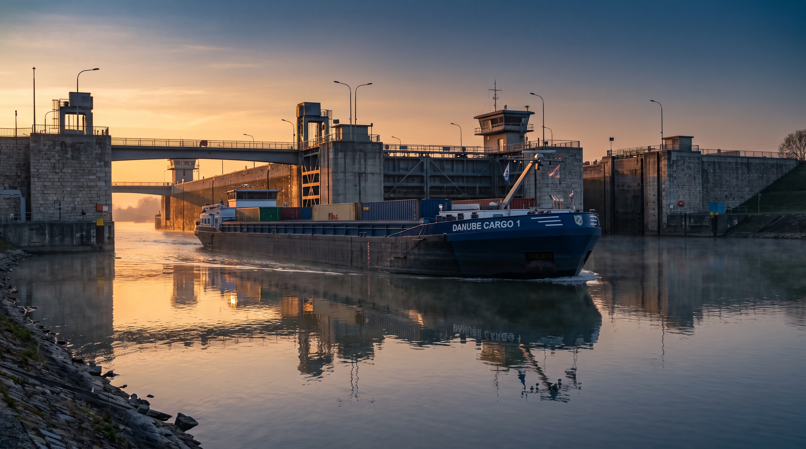 Marinar pe puntea unei nave fluviale la răsărit
