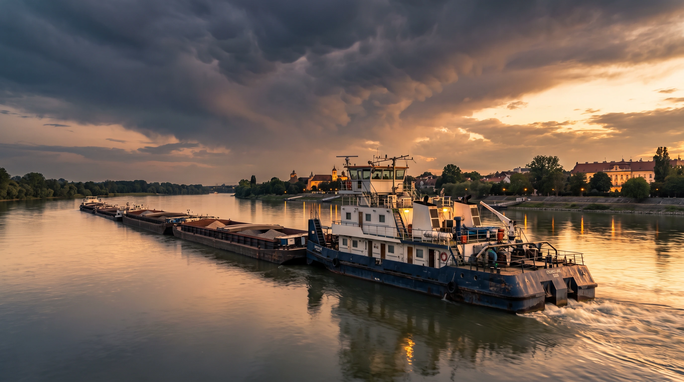 Navă fluvială modernă pe Dunăre la răsărit