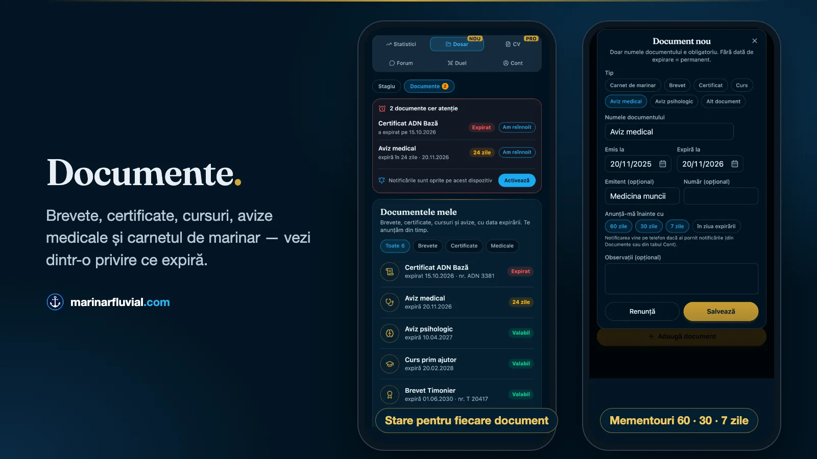 Documente: lista cu stări și formularul de adăugare