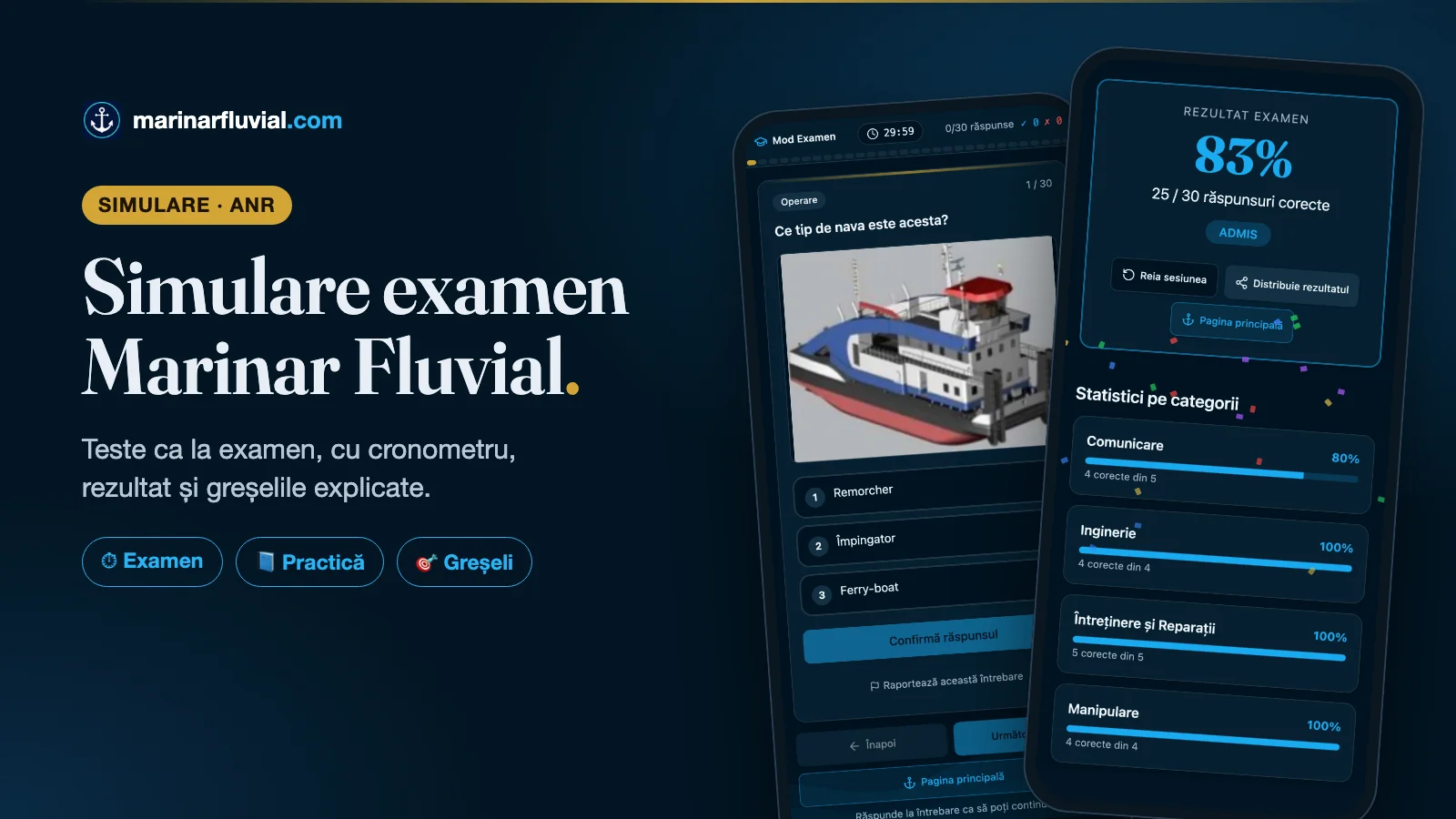 Simulare examen Marinar Fluvial pe telefon: întrebare cu cronometru și rezultatul 83% ADMIS